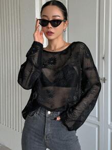 DAZY Solid Color Loose Fit Thin Women's Long Sleeve Round Neck Top Semi-Sheer Top - Black - View 3