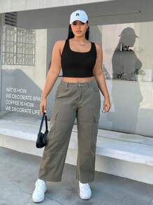 SHEIN EZwear Plus Size Solid Color Knitted Slim Fit Cropped Tank Top - Black - View 5