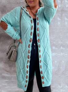 EMERY ROSE Plus Size Hollow Out Knitted Hooded Cardigan - Blue - View 1