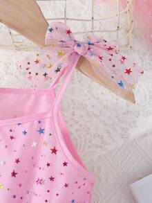 SHEIN Vestido de fiesta para niña joven con tirantes sin mangas y coloridas estrellas en forma de lazo de tul, adecuado para bodas de niña de las flores o fiestas - Rosa - Ver 5