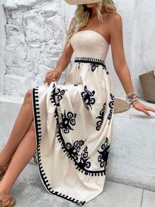 SHEIN LUNE Đầm Maxi Không Dây In Họa Tiết Thời Trang Cho Nữ - Màu be - Xem 5