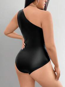 Allurite Plus Size One-Shoulder Hollow Out Bodycon Bodysuit - Black - View 2