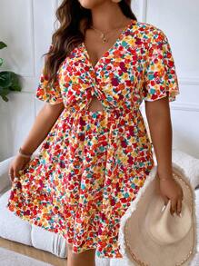 Breezaya Talla Grande Vestido Con Estampado Floral De Flor Completa, Manga Corta Con Volantes Entrecruzados Y Recortes