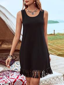 SHEIN VCAY 女士純色流蘇邊無袖連衣裙 - 黑色 - 查看 5