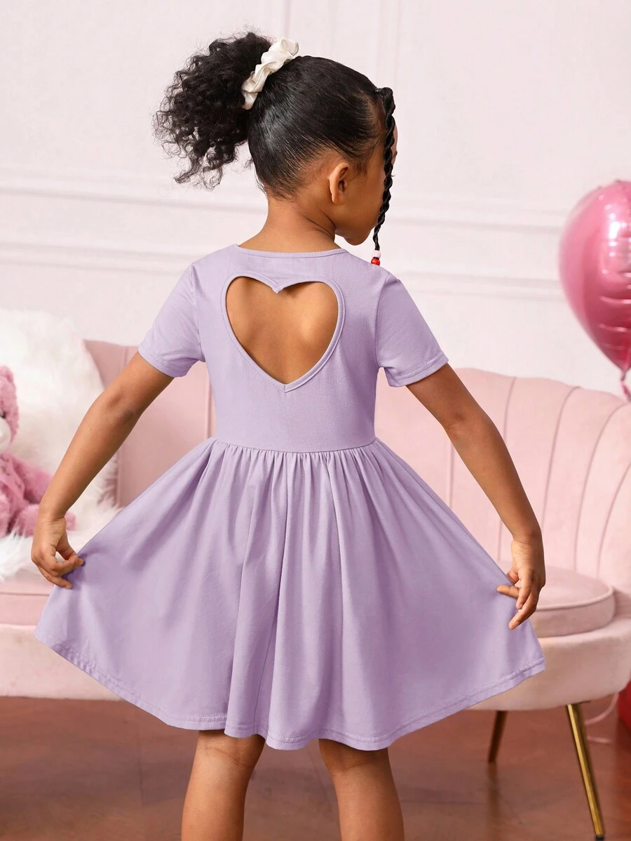 SHEIN Vestido informal de punto unicolor con cuello redondo de manga corta con corte trasero hueco para niña joven - Púrpura malva - Ver 1