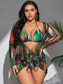 Swim SXY Plus Size Colorblocking Leopard Print 3-częściowy strój kąpielowy, strój plażowy Tankini Set strój kąpielowy festiwal muzyczny lato, letnia plaża