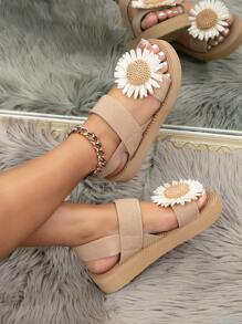 Sandalias de cuña y planas con estampado de girasol simple y casual para mujer, con puntera redonda, tira elástica y suela blanda para vacaciones, fiesta y playa en beige para San Valentín