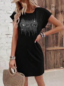 INAWLY Women's Letter Print Dress With Hidden Pockets - Black - View 4