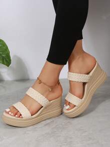 Sandalias Tejidas De Moda Para Mujeres Con Plataforma Gruesa, Tacones De Cuña Y Tacones Altos Para Uso Casual - Beis - Ver 7