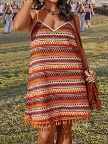 SHEIN VCAY 加大尺碼假期彩色圖形印花帶流蘇鉤花連身裙 - 彩色 - 查看 5