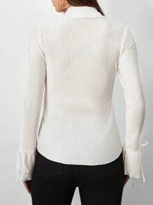 SHEIN Privé Button Down Pleated Sheer Mesh Bell Sleeve Shirt - Apricot - View 2