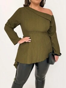 SHEIN Unity Plus Size Asymmetric Collar Drape Side Blouse Fall Cloth For Women - Army Green - View 3