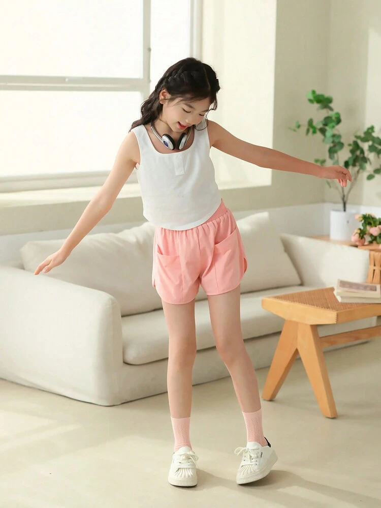 3pcs/Set Loose Fit Casual Striped Shirt With Lapel Collar, Solid Color Tank Top And Shorts For Tween Girls