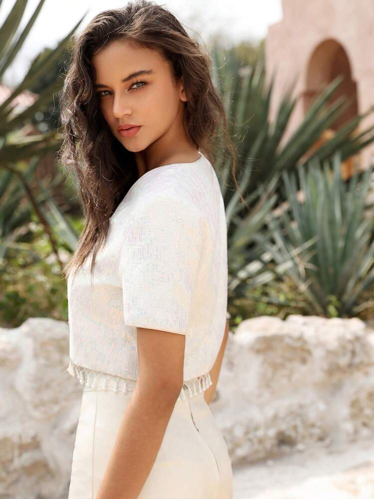 Chaqueta De Manga Corta Para Mujer Con Apliques Y Detalles De Cuentas, Dobladillo Con Flecos Y Embellecimiento De Lentejuelas
