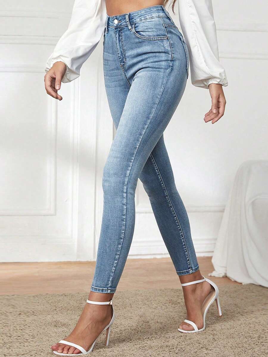 SHEIN Privé Ladies' Slim Fit Jeans With Pockets - Light Wash - View 1