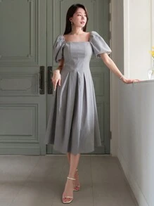 DAZY Square Neckline Puff Sleeve Gathered Waist Bubble Dress Summer - Dusty Blue - View 3