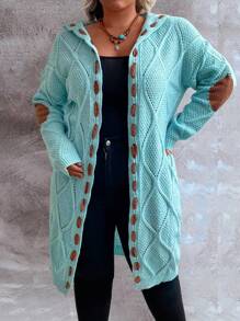 EMERY ROSE Plus Size Hollow Out Knitted Hooded Cardigan - Blue - View 4