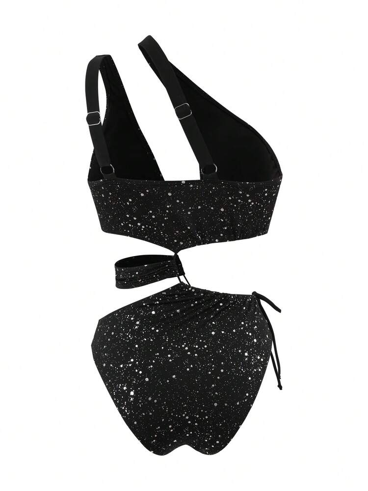 Women Fashionable Asymmetrical Neck One-Piece Swimsuit With Rhinestone Decor, Black, For Summer, Beach, Vacation, Travel, Festival, Swimming Pool