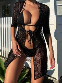 Của phụ nữ Viễn cảnh Ngắn tay Mở Mặt trước áo Đầm - màu đen - Xem 1