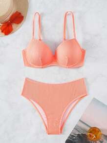 SHEIN Swim 纯色罗纹女士泳衣套装，比基尼套装海滩比基尼套装泳衣夏季，夏季海滩 - 珊瑚橙 - 查看 3