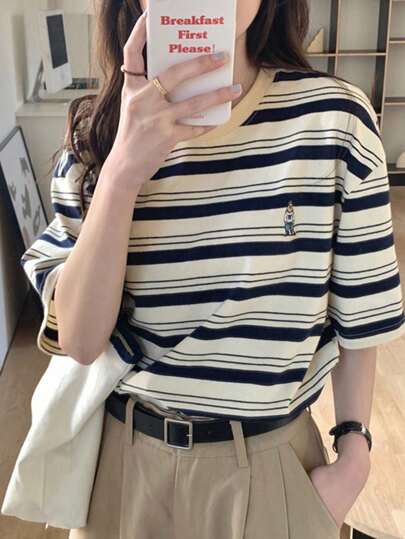 隨機條紋印花下垂肩短袖t恤