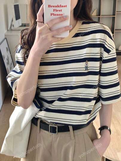 Random Striped Print Drop Shoulder Tee