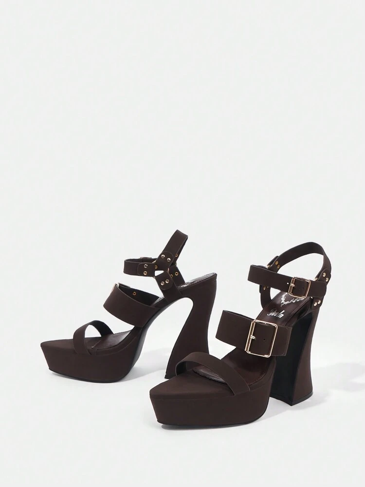 Women's Outdoor Buckle High Heels With Pointed Toe And Waterproof Platform In Dark Brown Pu Fabric