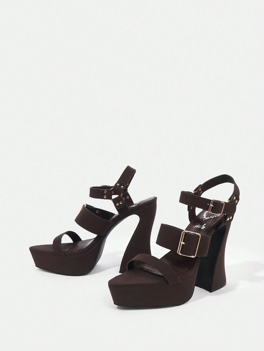 SheIn ICON Của phụ nữ Ngoài trời Khóa Cao gót Với Pointed Toe Và Không thấm nước Nền tảng In Hợp thời Tối Nâu Da giả Chất vải - màu nâu - Xem 1