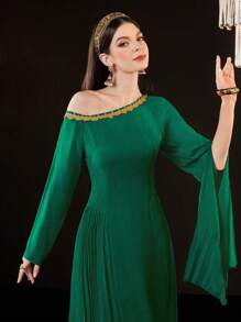 Modelyn 女士宽松不对称领口褶皱连衣裙，开叉袖长款晚礼服，女士秋季服装 - 軍綠色 - 查看 6