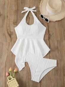 SHEIN Swim Women Solid Color Textured Asymmetrical Halter Top And Bottom Swimwear Set, For Summer, Beach, Travel, Vacation, Swimming Pool - Black and White - View 3