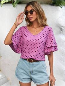SHEIN LUNE Polka Dot Print V-Neck Ruffle Sleeve Blouse - Pink - View 2