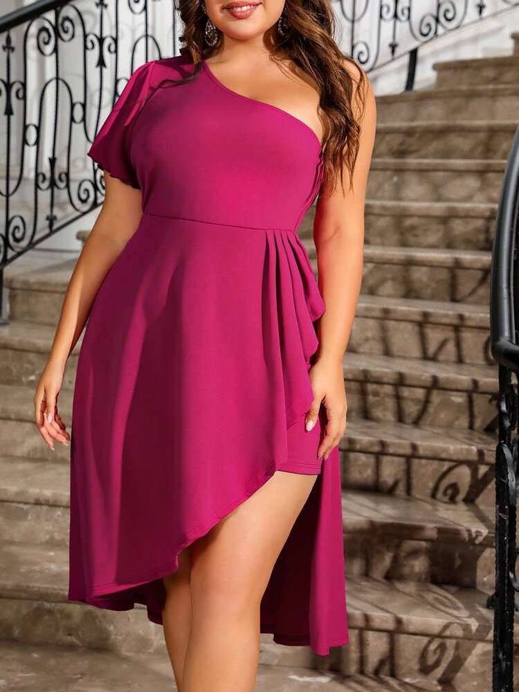 Plus Size Solid Color Asymmetrical Hem Gathered Waist Dress