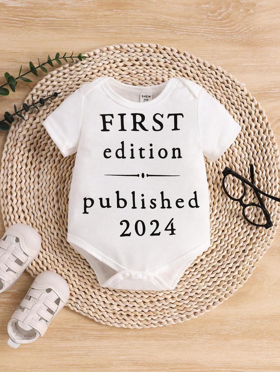 春夏款寶寶男寶寶可愛字母印花短袖連體衣 - 白色 - 查看 1