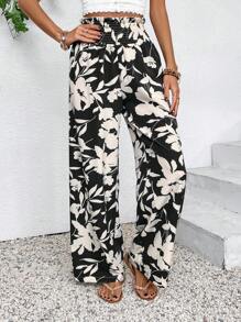 Breezaya Women's High Waisted Flower Printed Wide Leg Vacation Pants Fall Cloth For Women - Black - View 3