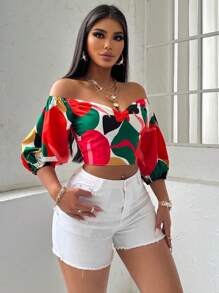 SOLERSUN Floral Print Off-The-Shoulder Puff Sleeve Cropped Blouse For New Year Clothes,Short Sleeve Tops - Red - View 4