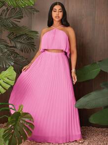 SHEIN SXY Pleated Woven Halter Top And Loose Skirt Set - Pink - View 4