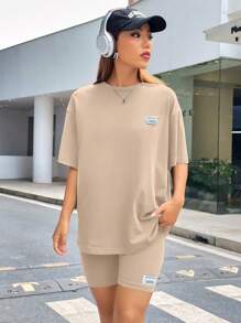 SHEIN EZwear Letter Print Drop-Shoulder T-Shirt And Cycling Shorts Knit Set - Khaki - View 5