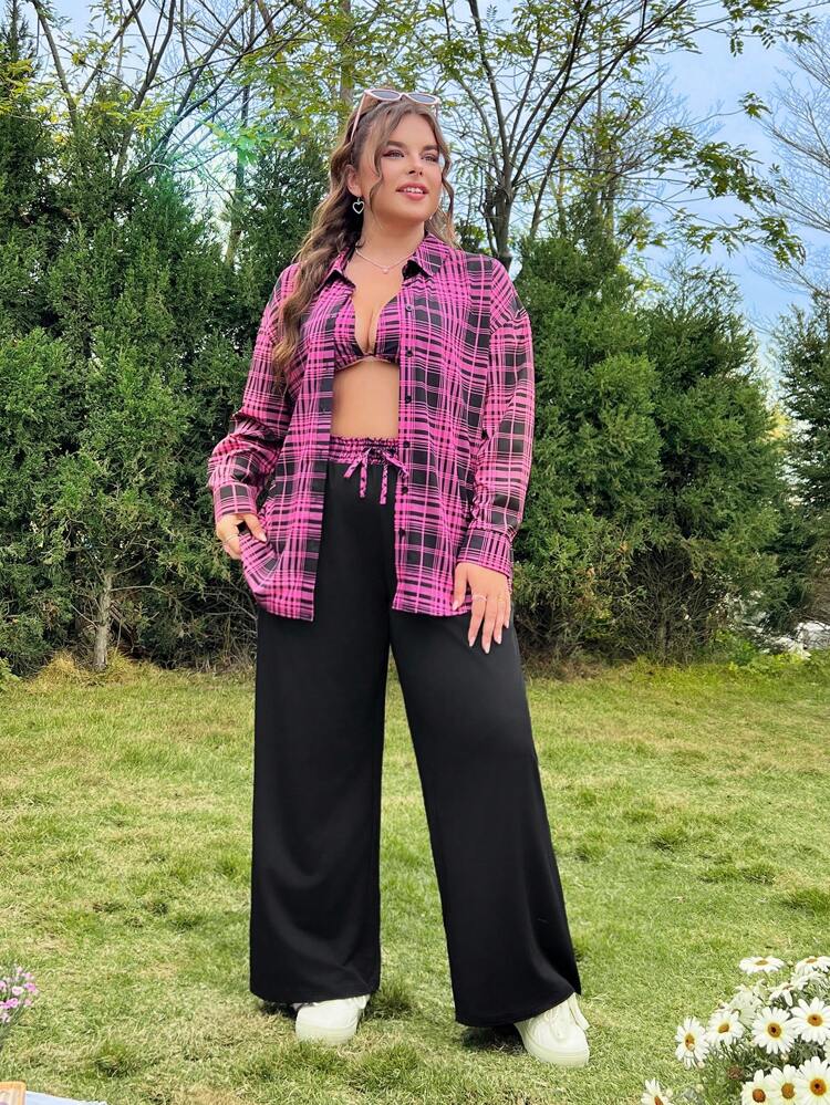Plus Size Summer Sun-Protection Thin Plaid Shirt Bikini Shorts Set