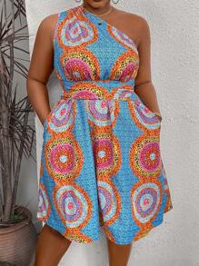 Breezaya Plus Size Women's Leopard Print One Shoulder Sleeveless Dress With Pockets