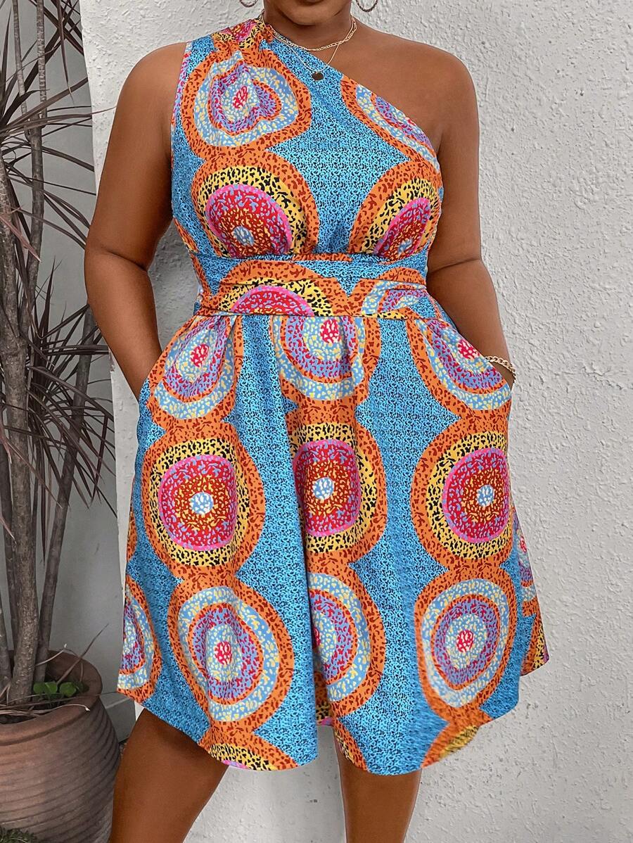 Breezaya Plus Size Women's Leopard Print One Shoulder Sleeveless Dress With Pockets