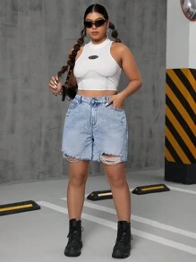 SHEIN ICON شورت جينز نسائي بحجم زائد متدرّج ومغسول - أزرق فاتح - مشاهدة 5