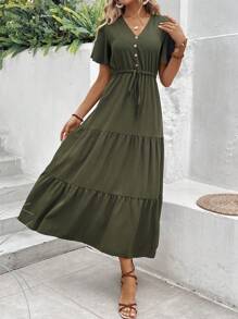 SHEIN LUNE Women's Drawstring Waist Ruffled Short Sleeve V-Neck Dress Maxi Women Outfit - Army Green - View 5