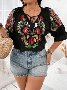 Breezaya Plus Size Floral Print Collar Neck Tie Front Shirt - Multicolor - View 5