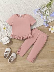 Conjunto de top de manga larga con dobladillo asimétrico de volantes de unicolor y pantalones ajustados para bebé niña - Rosa - Ver 1