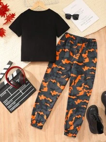 SHEIN Tween Girl Car & Letter Graphic Tee & Camo Print Pants - Black - View 2