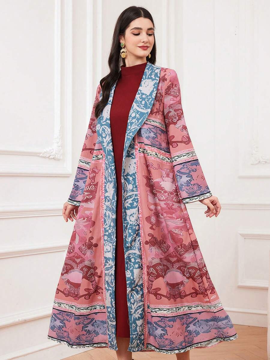 Al Najma 勃艮第红色女士披肩领全图案长袖外套和立领无袖连衣裙两件套 2 件套女士秋季布料 - 酒紅色 - 查看 1