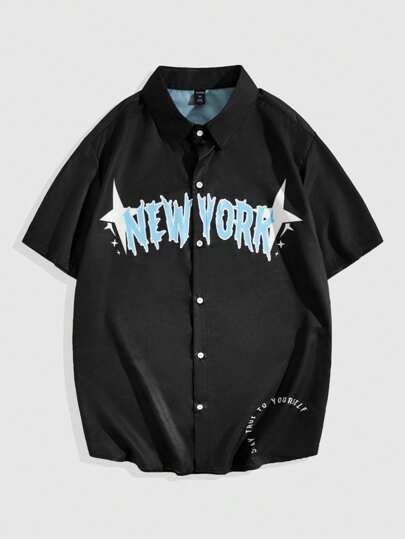 Prep Camisa De Manga Corta Para Hombre Con Impresión De Letra Y Estrella De Cinco Puntas