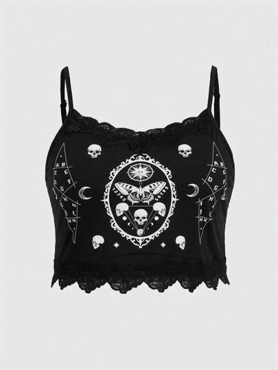 Goth Plus Skull Print Lace Trim Cami Top
