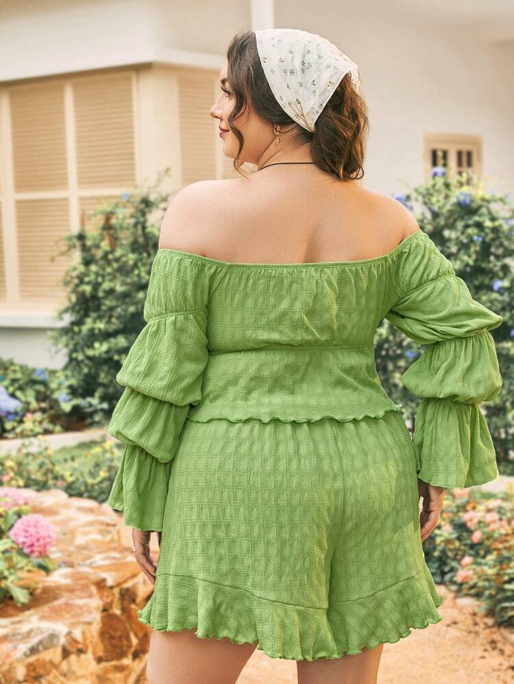 Plus Size Women's Pleated Off-Shoulder Short-Sleeve Top And Shorts Set With Flare Hem