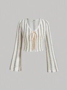 SHEIN MOD Colorful Striped Tie Waist Bell Sleeve Top